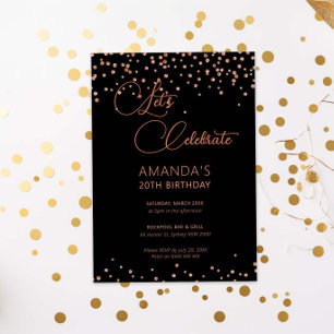 Rose gold and black glitter sparkle birthday invitation