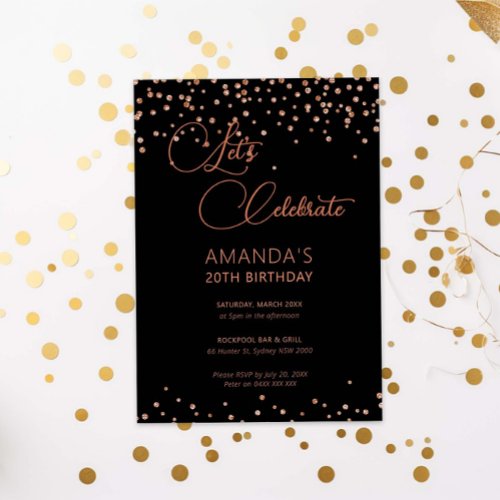 Rose gold and black glitter sparkle birthday invitation