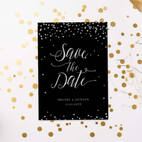 Rose gold and black glitter sparkle save the date invitation