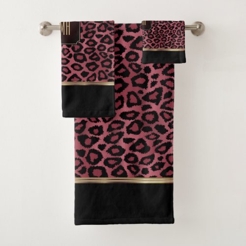 Rose Gold and Black Leopard Pattern with Monogram Bath Towel Set