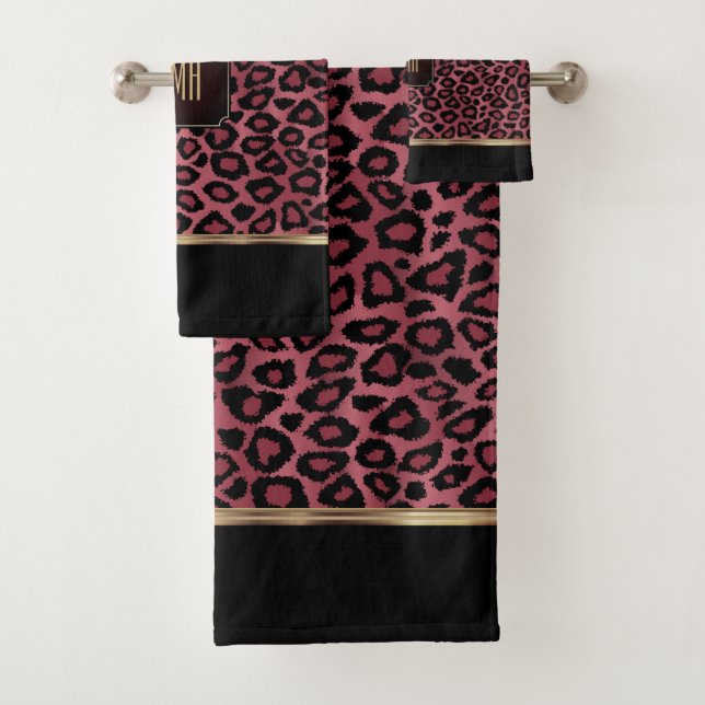 Rose Gold and Black Leopard Pattern with Monogram Bath Towel Set (Insitu)