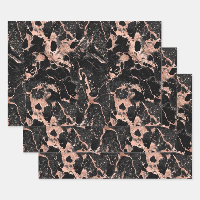 Rose Gold and Black Marble Wrapping Paper Sheets (Set)