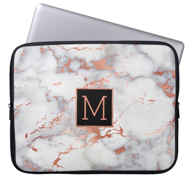 rose gold and black monogram on marble laptop sleeve (Front)