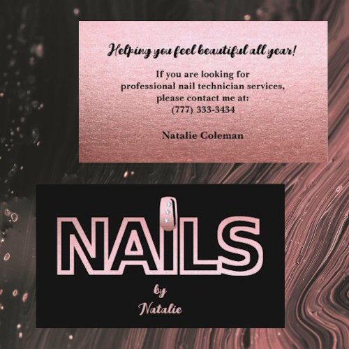 Rose Gold and Black Nail Technician Business Card