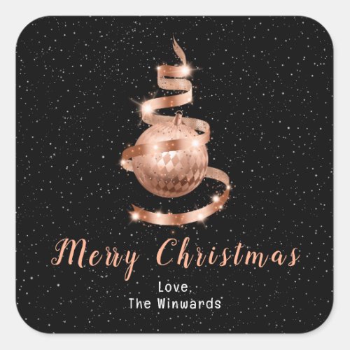 Rose Gold and Black Ornament Merry Christmas Square Sticker