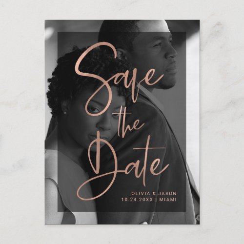 Rose Gold and Black Overlay  Photo Save the Date Announcement Postcard