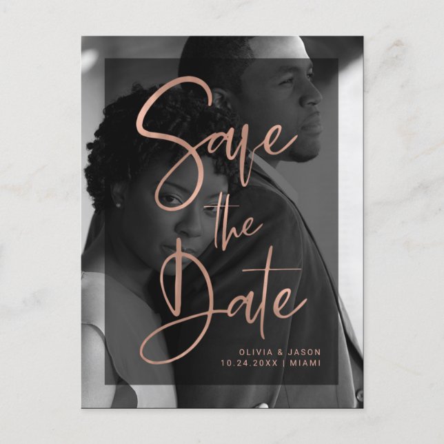 Rose Gold and Black Overlay | Photo Save the Date Announcement Postcard (Front)