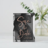 Rose Gold and Black Overlay | Photo Save the Date Announcement Postcard (Standing Front)