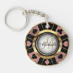 Rose Gold and Black Poker Chip Design - Monogram Keychain