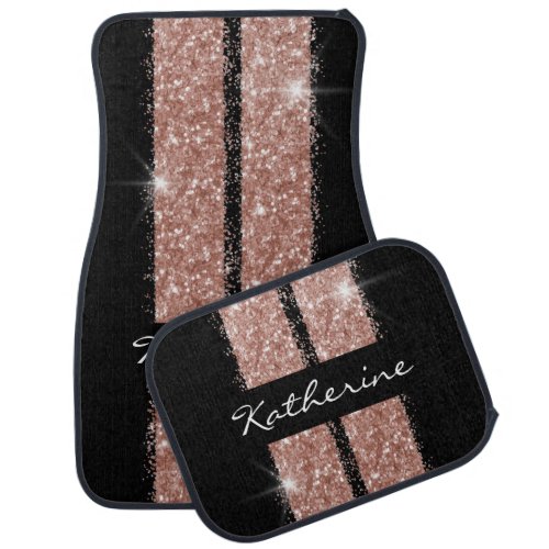 Rose Gold and Black Racing Stripe Custom Glitter Car Floor Mat