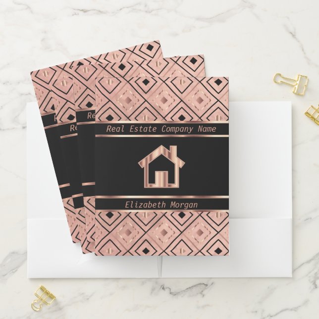 Rose Gold and Black Real Estate Abstract Pocket Folder (In Situ)