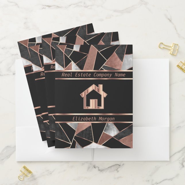 Rose Gold and Black Real Estate Geometric Pocket Folder (In Situ)