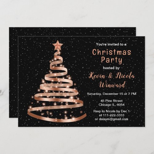 Rose Gold and Black Ribbon Tree Christmas Party Invitation