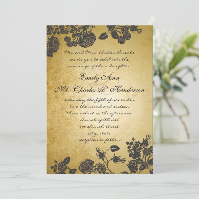Rose Gold and Black Roses Wedding Invitation (Standing Front)