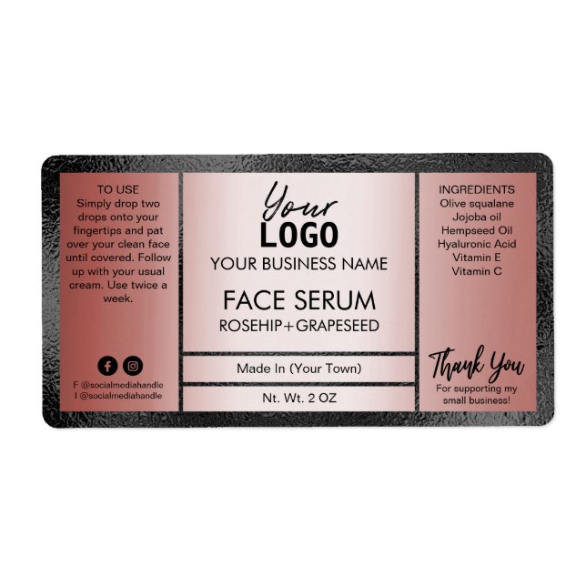 Rose Gold And Black Shine Effect Oil Serum Label (Front)