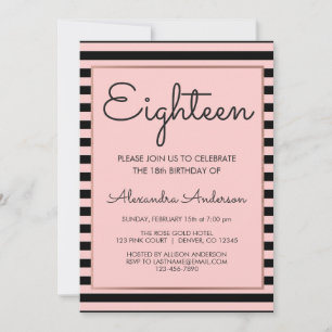 Rose Gold and Black Stripe 18th Birthday Invitation
