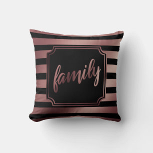 Rose Gold and Black Stripes w/ Family Typography Throw Pillow