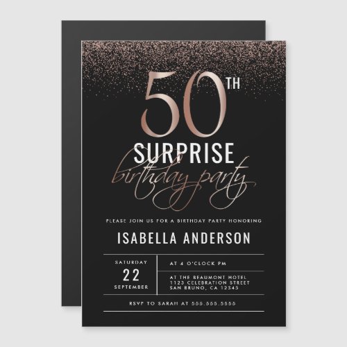 Rose Gold and Black Surprise 50th Birthday Party Magnetic Invitation