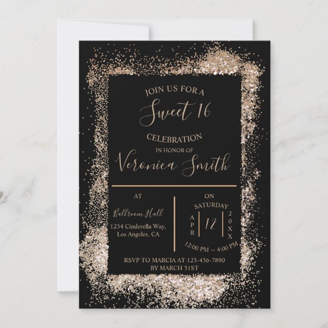 Rose Gold and Black Sweet 16 Invitation (Front)
