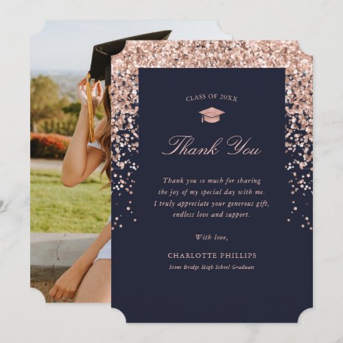 Rose Gold and Blue Modern Photo Graduation Thank You Card