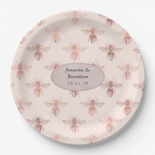 Rose Gold and Blush Bees Wedding Paper Plates