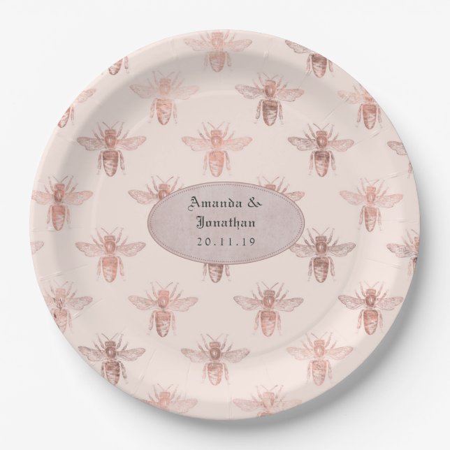 Rose Gold and Blush Bees Wedding Paper Plates (Front)