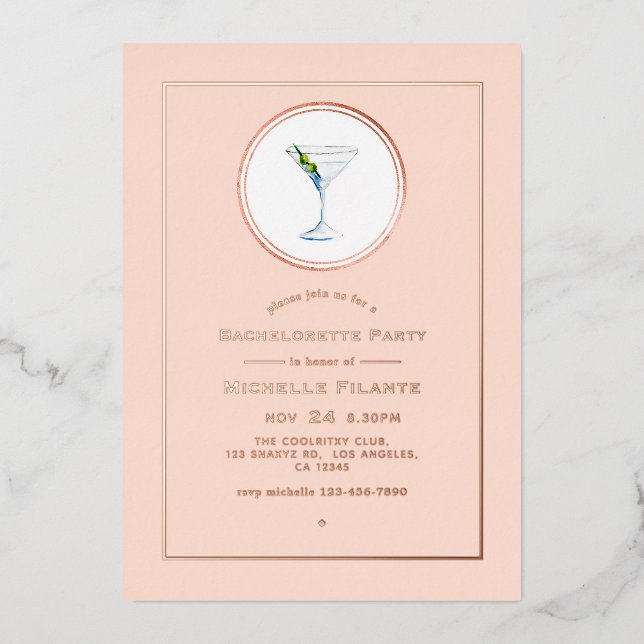 Rose Gold and Blush Cocktail Bachelorette Party Foil Invitation (Front)