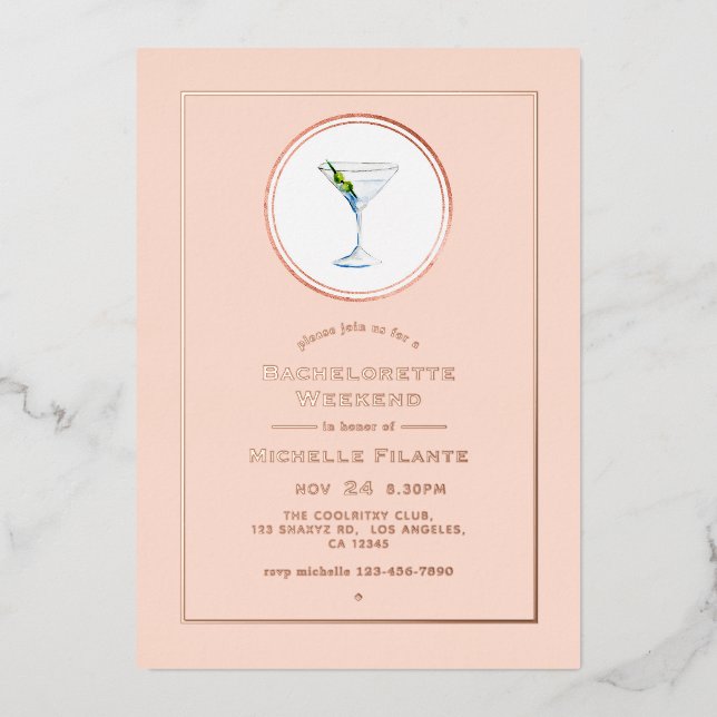 Rose Gold and Blush Cocktail Bachelorette Weekend Foil Invitation (Front)