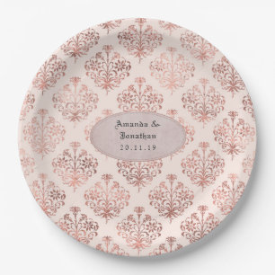 Rose Gold and Blush Damask Foil Wedding Paper Plates
