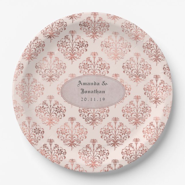 Rose Gold and Blush Damask Foil Wedding Paper Plates (Front)