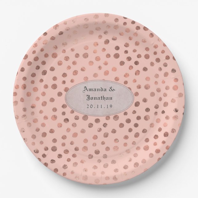 Rose Gold and Blush Doodle Dots Foil Wedding Paper Plates (Front)