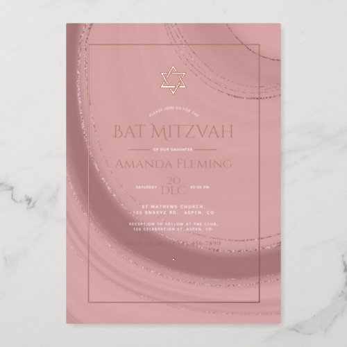 Rose Gold and Blush Faux Agate Bat Mitzvah Photo Foil Invitation