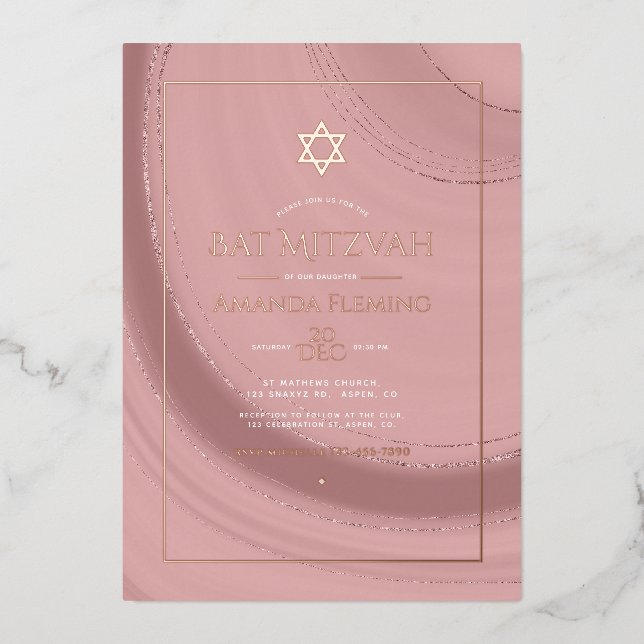 Rose Gold and Blush Faux Agate Bat Mitzvah Photo Foil Invitation (Front)