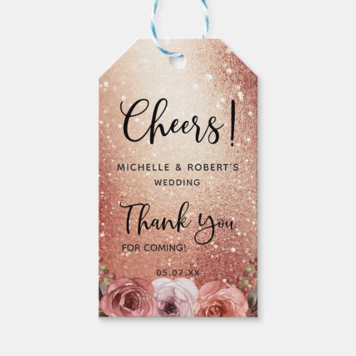 Rose Gold and Blush Floral Cheers Wine Gift Tags
