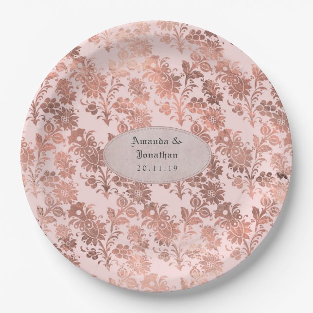 Rose Gold and Blush Floral Foil Wedding Paper Plates (Front)