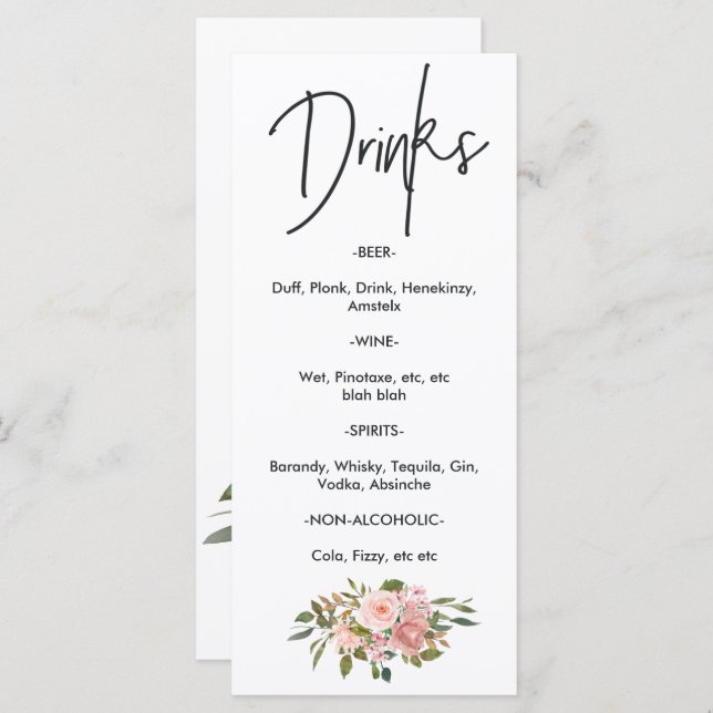 Rose Gold and Blush Floral Tea Party Drinks Menu (Front/Back)