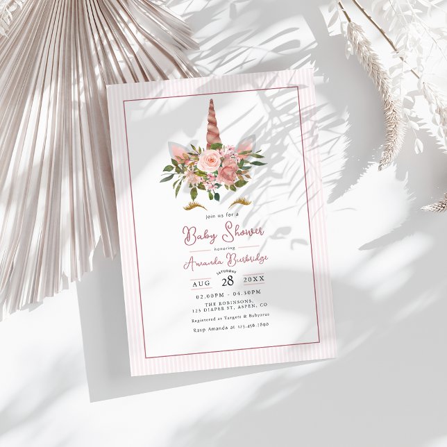 Rose Gold and Blush Floral Unicorn Baby Shower Invitation (Rose Gold and Blush Floral Unicorn Baby Shower Invitation)