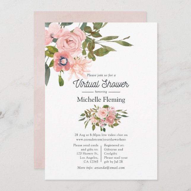 Rose Gold and Blush Floral Virtual Baby Shower Invitation (Front/Back)