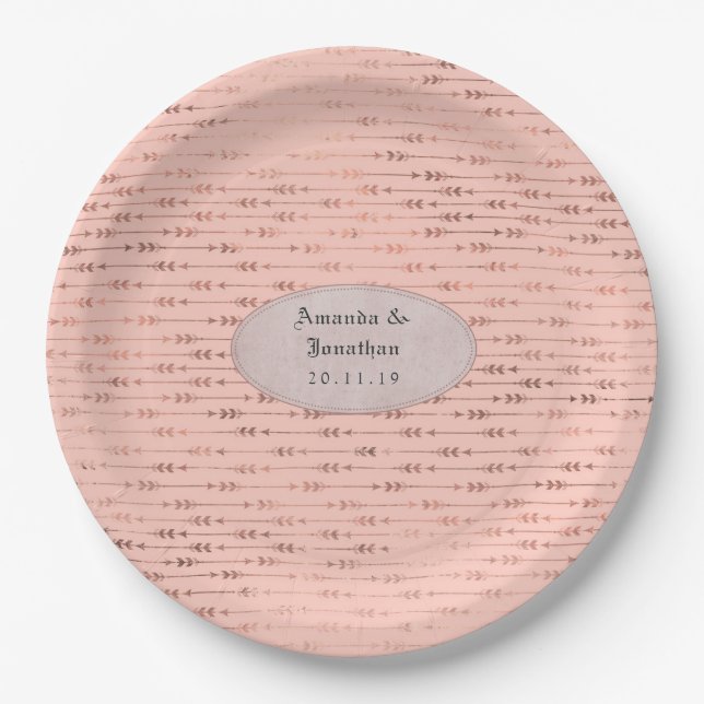 Rose Gold and Blush Foil Arrows Wedding Paper Plates (Front)