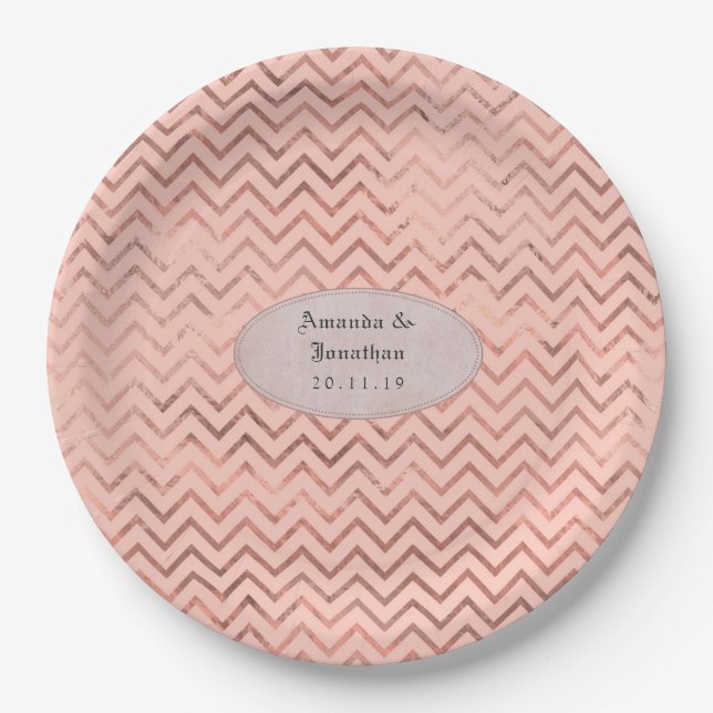 Rose Gold and Blush Foil Chevron Wedding Paper Plates (Front)