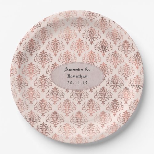 Rose Gold and Blush Foil Damask Pattern Wedding Paper Plates