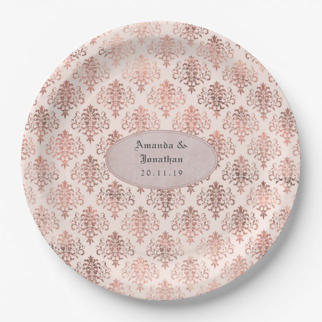 Rose Gold and Blush Foil Damask Pattern Wedding Paper Plates (Front)