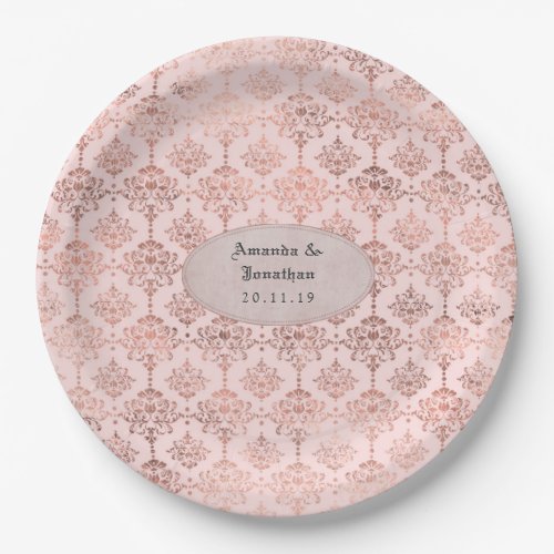 Rose Gold and Blush Foil Damask Wedding Paper Plates