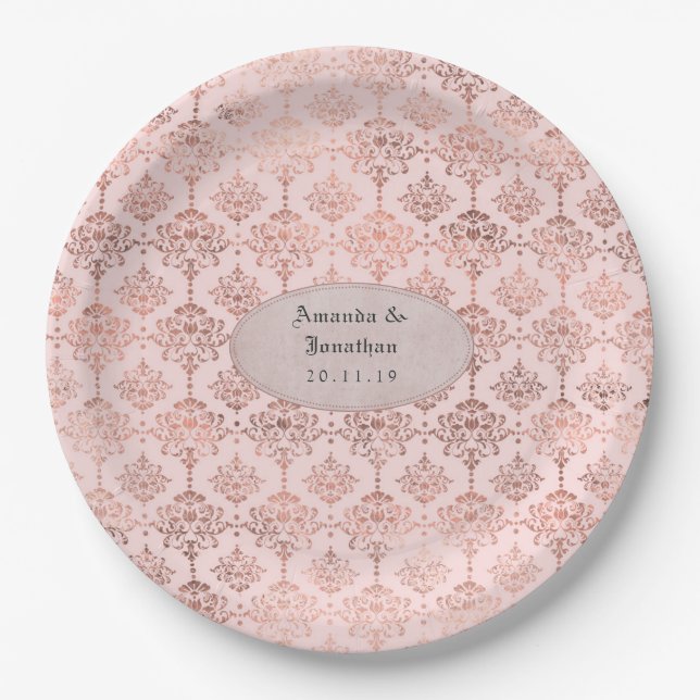 Rose Gold and Blush Foil Damask Wedding Paper Plates (Front)