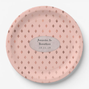 Rose Gold and Blush Foil Diamond Pattern Wedding Paper Plates