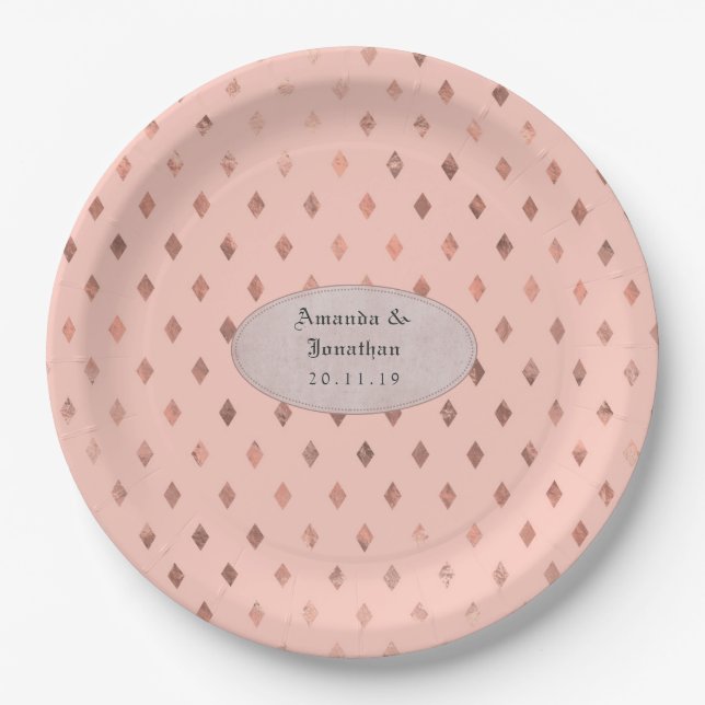 Rose Gold and Blush Foil Diamond Pattern Wedding Paper Plates (Front)