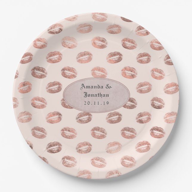 Rose Gold and Blush Foil Lips Wedding Paper Plates (Front)