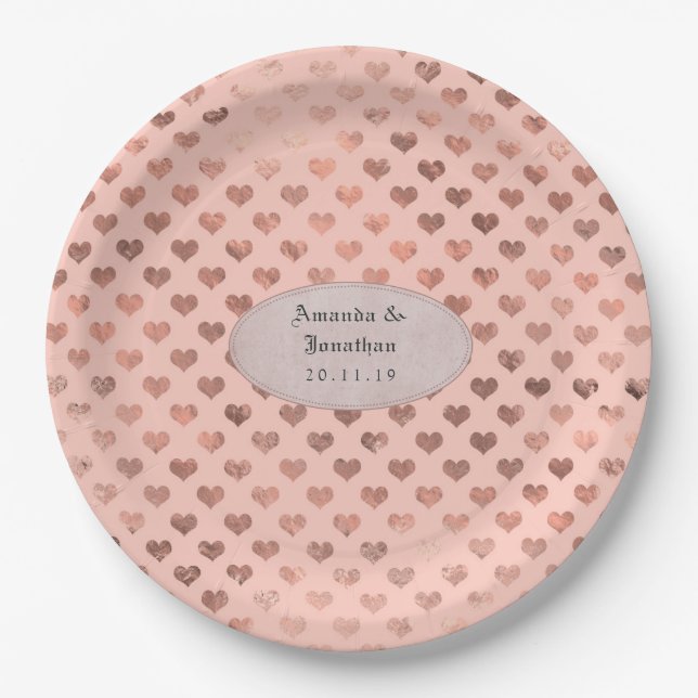 Rose Gold and Blush Foil Love Hearts Wedding Paper Plates (Front)