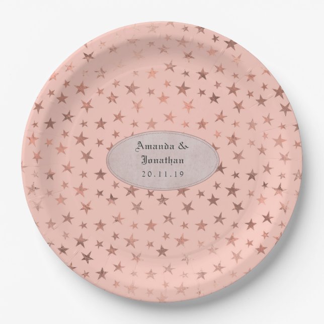 Rose Gold and Blush Foil Stars Wedding Paper Plates (Front)