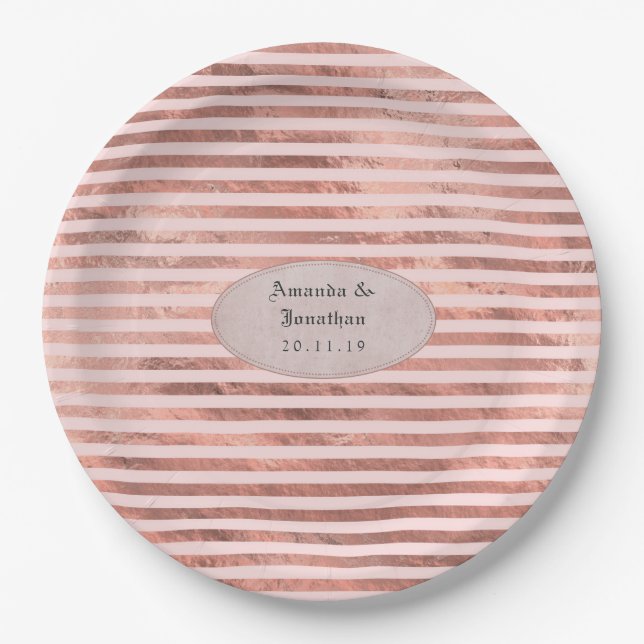 Rose Gold and Blush Foil Stripes Wedding Paper Plates (Front)